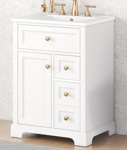 A000699A Jiahome 24'' Bathroom Vanity with Sink, MDF & Pinewood Construction, 3 Drawers & Cabinet with 2-Tier Door Storage Rack, Soft-Close Door & Dra