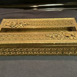 Vintage MCM 1960s Gold Filigree Hollywoid Regency Ornate Tissue Box Holder With Flower Motif