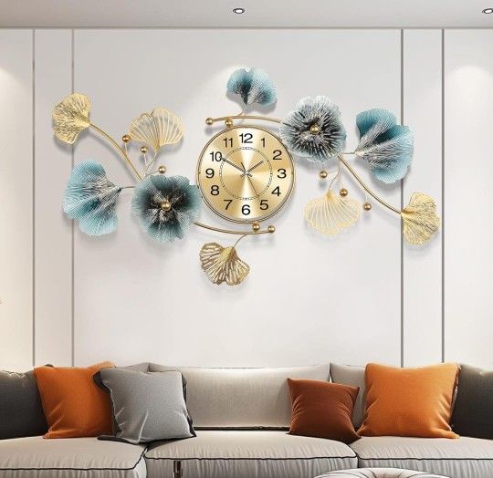 Wall Clocks for Living Room Decor,Large Wall Clock,3D Creative Metal Ginkgo Leaf Design,with Silent Movement Wall Clocks for Home Wall Decor Clock