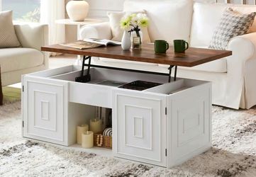 Lift Top Coffee Table with Storage, 48" Rustic Center Table with Hidden Storage Compartment and 2 Cabinet, White Coffee Table Converts to Dining Table