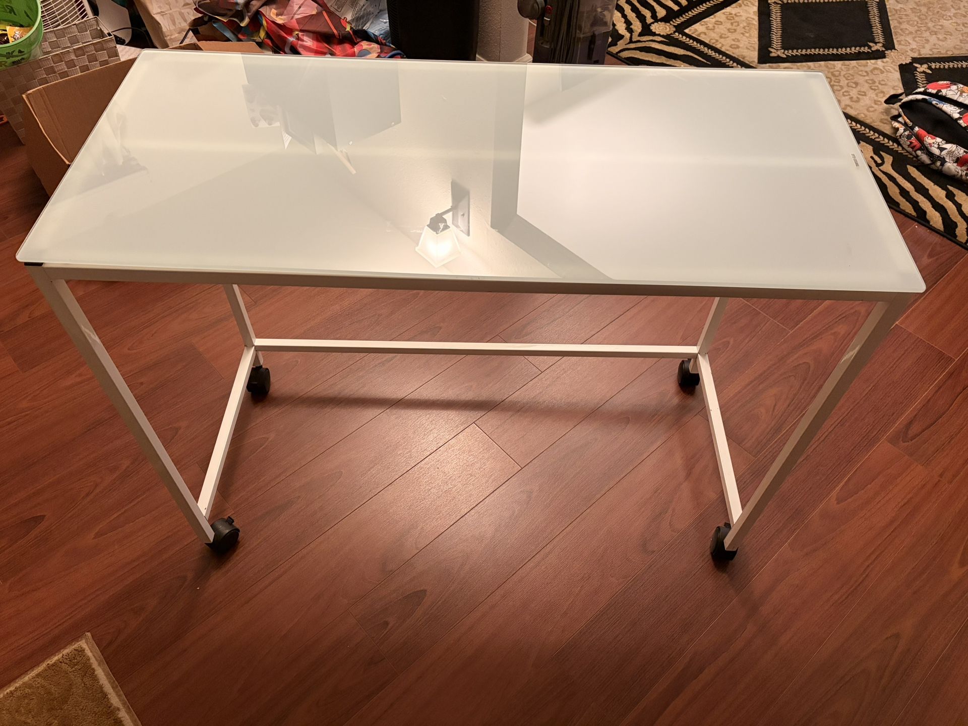 Tempered Glass Computer Desk on Wheels – $30