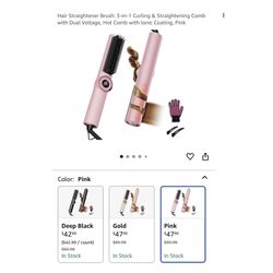 Brand new Hair Straightener Brush: 3-in-1 Curling & Straightening Comb with Dual Voltage, Hot Comb with Ionic Coating, Pink 
