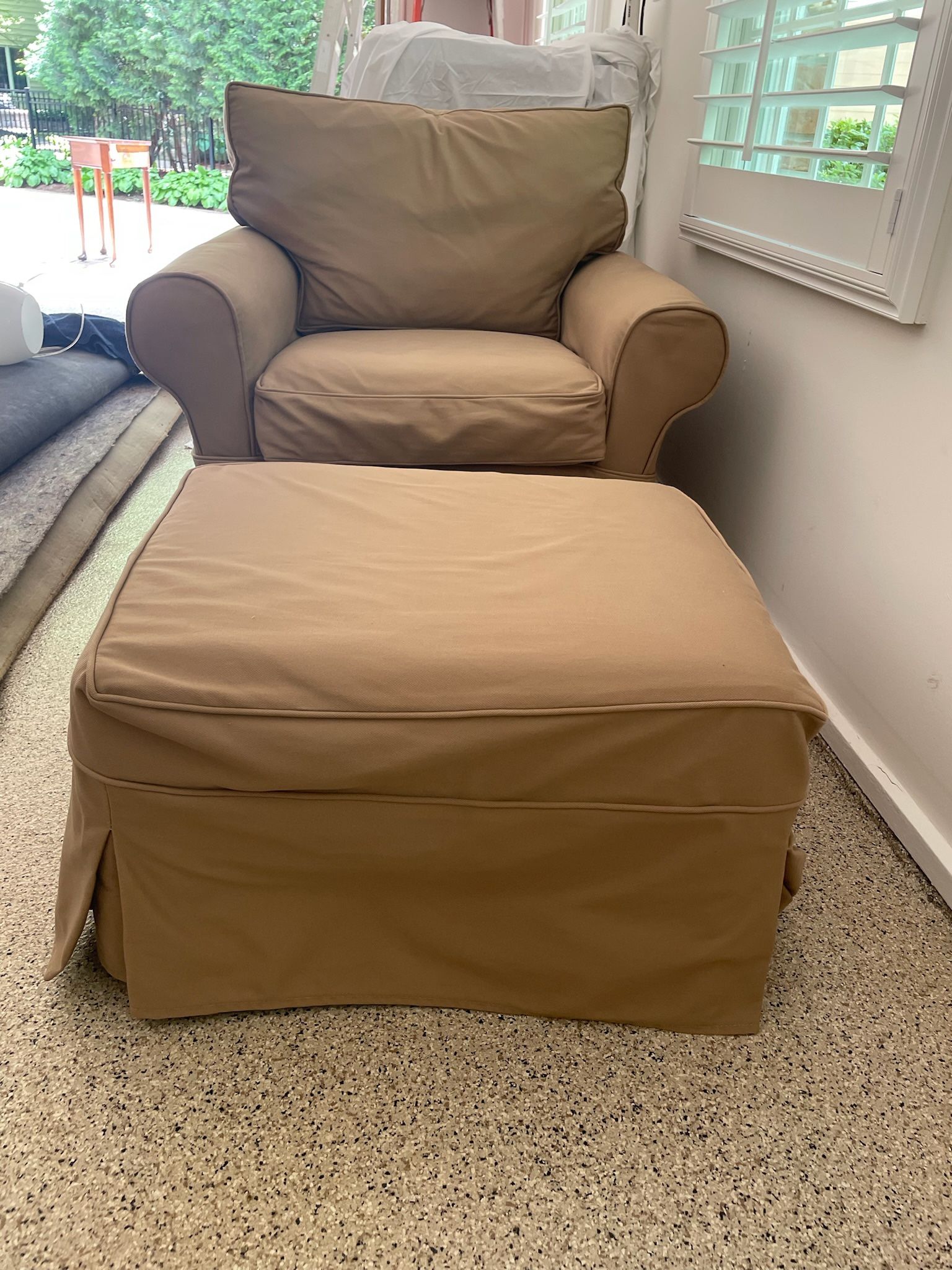 Pottery Barn - Mitchell Gold. Basic Slip Covered Armchair w/Ottoman. Sand Color. Performance Twill.