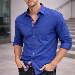 Men’s XL Blue Button-Up Shirt | Plaid Detail Trim | Statement Buttons | Smart Casual