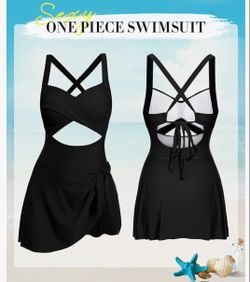 Women One Piece Swimsuit Bathing Suit   V Neck Cute Tie Knot Skirt Size Large