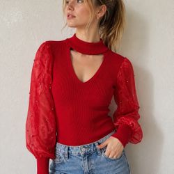 Vintage Absolutely Famous Red Sweater Top Sheer Sleeves Size Large Christmas Holiday Fashion