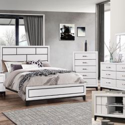 Queen White 4pc Bedroom Set Bed Dresser Mirror Nightstand. 