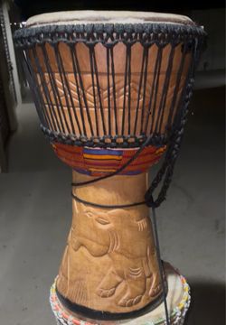 Hand-Carved African Djembe Drum with Elephant Design – Excellent Condition
