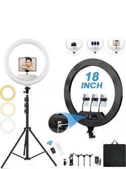 18" Foldable LED Ring Light with Stand for iPhone & iPad, Dimmable 2K with LED Display, 2 USB Ports & 4 Phone/Tablet Holders - Perfect for Mak