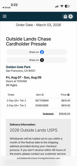 Outside Lands Tickets (2)