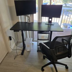 Height adjustable desk with 2 screens + chair + cabinet (full home office set)

