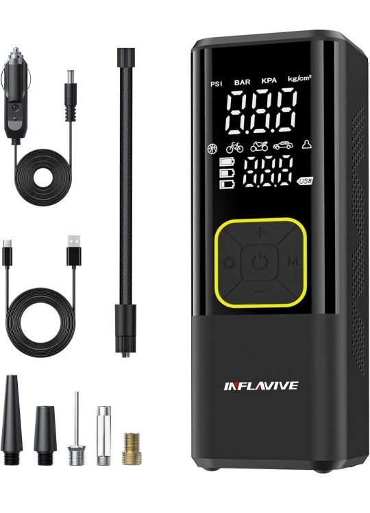Tire Inflator Portable Air Compressor, 3X Faster Cordless Air Pump for Car Tires, 150PSI Bike Tire Pump with Pressure Gauge LED Light, 12V DC Portable