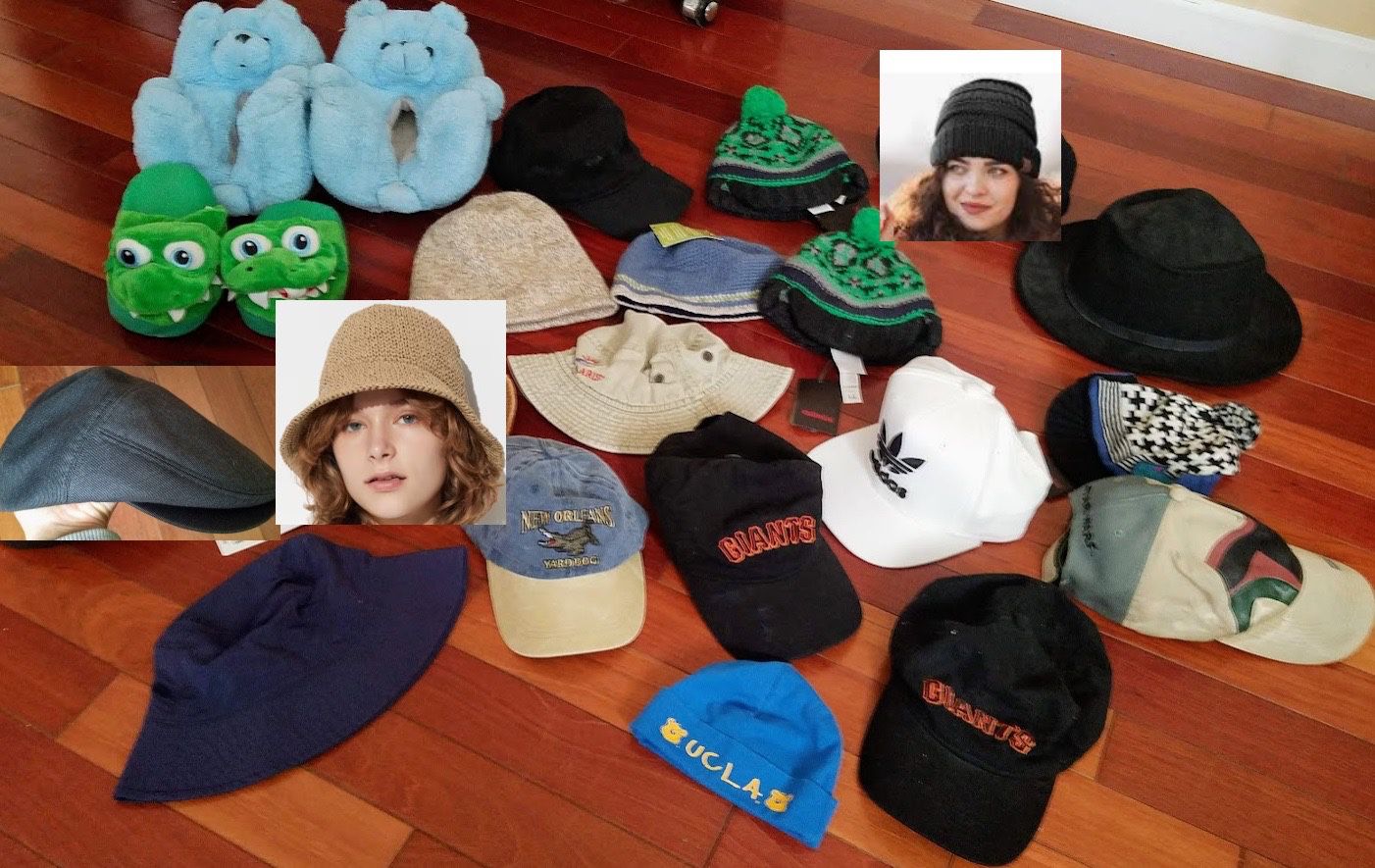 knit hats,beanie(baby/UCLA/etc),winter,baseball caps(Giants/etc),toddler sun bucket,plush monster alligator fuzzy house slippers