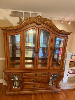 Large Ornate Wood China Cabinet Hutch