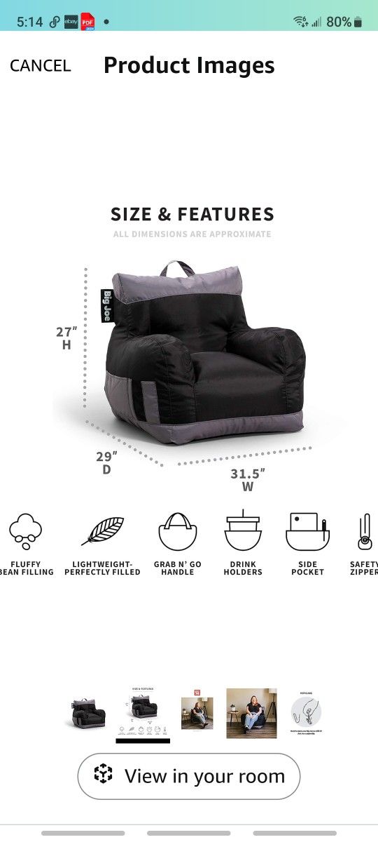 Big Joe Dorm Bean Bag Chair with Drink Holder and Pocket, Two Tone Black Smartmax, Durable Polyester Nylon Blend, 3 feet