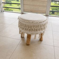 2 Boho Fringe Ottoman / Stool (Neutral Cream) pair