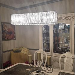 Chrome Island Chandelier with woven laser cut Crystal Rectangular Shade