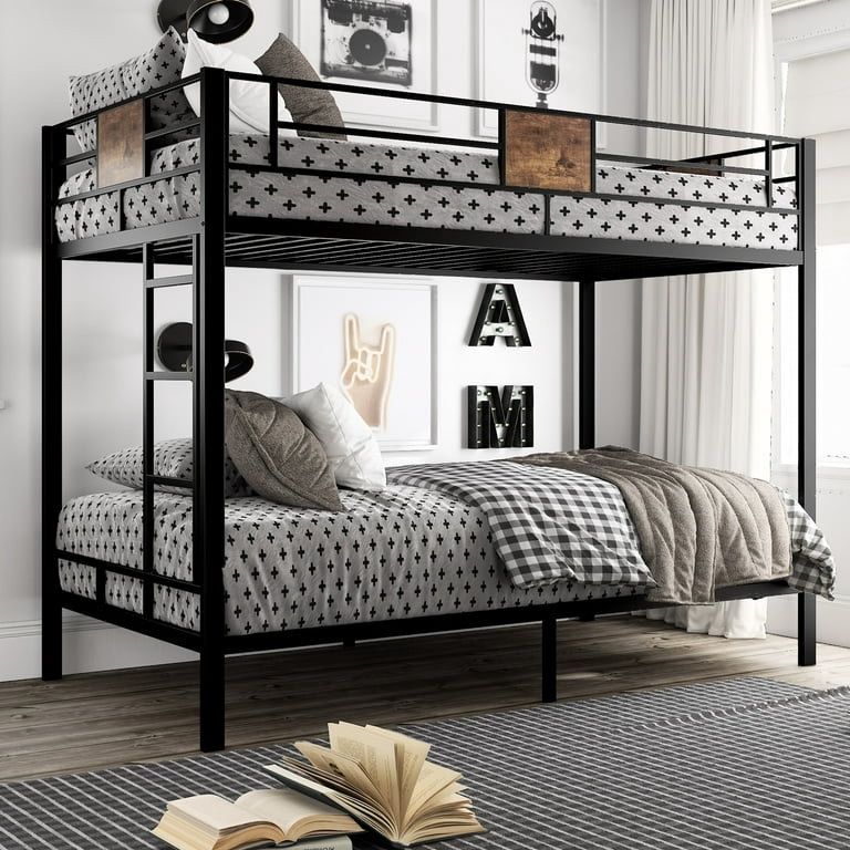 Metal Twin Over Twin Size Bunk Bed Frame with Stairs & Full-Length Guardrail, Black