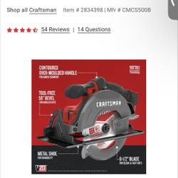 Craftsman V20 6-1/2 in. Cordless Brushed Circular Saw Tool Only