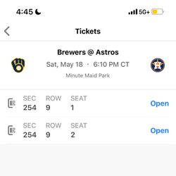Astros Vs Brewers Saturday 5/18 Section 254 Row 9 Seats 1-2 Aisle