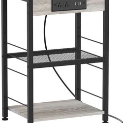 Nightstand with Charg Station End Table with USB Ports and Power Outlets Side Tables Bedroom with Storage Shelves Industrial End Table 3 Tier (Grey)