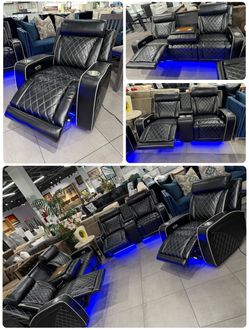 Black  Faux Leather Power Recliner Home Theater Seating