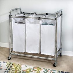 Heavy-Duty Triple Laundry Sorter, Chrome/White 70 lbs