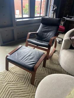 2 x Poang Chairs Brown Wood Black Leather + Foot Rest Ottoman