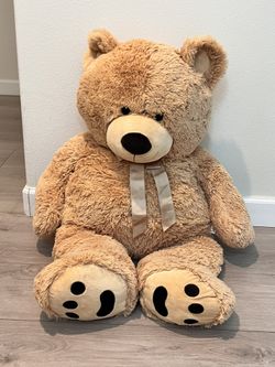 Huge Teddy Bear - Standing 38 Inches, Tan, Fluffy Faux Fur, Ribbon & Bow Signature Footprints- Huggable & Lovable Joy