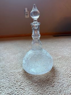 Vintage Clear Pressed Glass Floral Decanter with Stopper