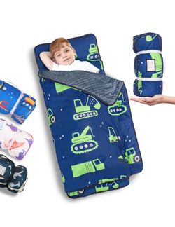 Thickened Toddler Nap Mat with Removable Pillow and Minky Blanket, Extra Large 55''x35'' Sleeping Ba