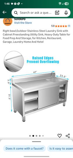 Right bowl,Outdoor Stainless Steel Laundry Sink with Cabinet Freestanding Utility Sink, Heavy-Duty Table for Food Prep And Storage, for Kitchen, Resta