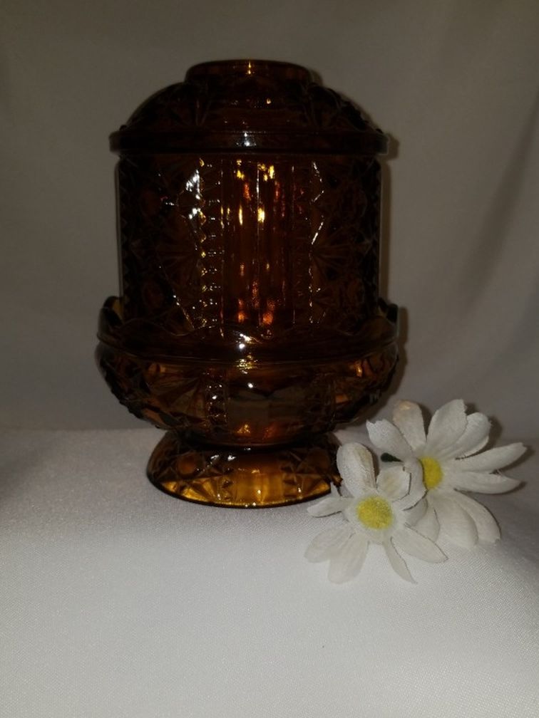 Vintage Indiana glass Co Amber Stars N Bars Fairy Lamp