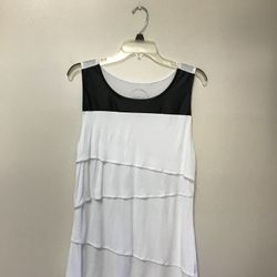 Women’s INC White Rayon/Black Faux Leather..Sleeveless Pullover Top Blouse… Size XL..Runs A Little Small