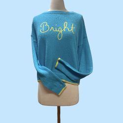 Lilly Pulitzer Bright Sweater Turquoise Blue Yellow Trim & Letters