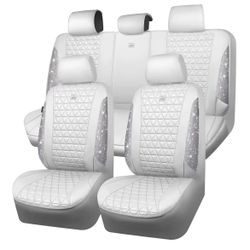 White Bling Diamond Leather Car Seat Covers Full Sets,Waterproof Shining Glitter Sparkly Crystal Universal Fit for Automotive Truck SUV Cute Women Gir