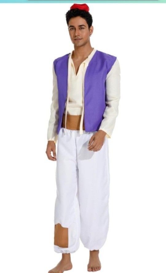 Aladdin Rajah Prince Costume Adult Men, Traditional Arabian Costume with Hat Vest Pants Belt, Halloween Costumes for Men