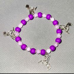 Purple Beaded Bracelet with hummingbird Charms