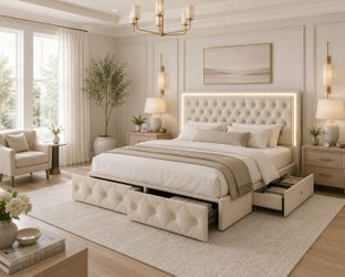 King bed LED Bed Frame with 4 Storage Drawers and Adjustable Headboard, Velvet Upholstered Button Tufted Modern Platform Bed, Solid Wooden Slats Suppo