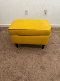 Yellow Fabric Ottoman with Wood Legs