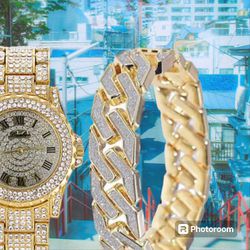 1 Ct CZ Watches With Gold Cuban Link Branclet 