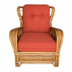 NY: Rattan Lounge Chair with Burnt Orange Cushions