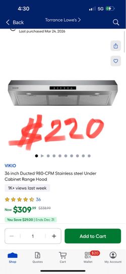 VIKIO 36 inch Ducted 980-CFM Stainless steel Under Cabinet Range Hood
