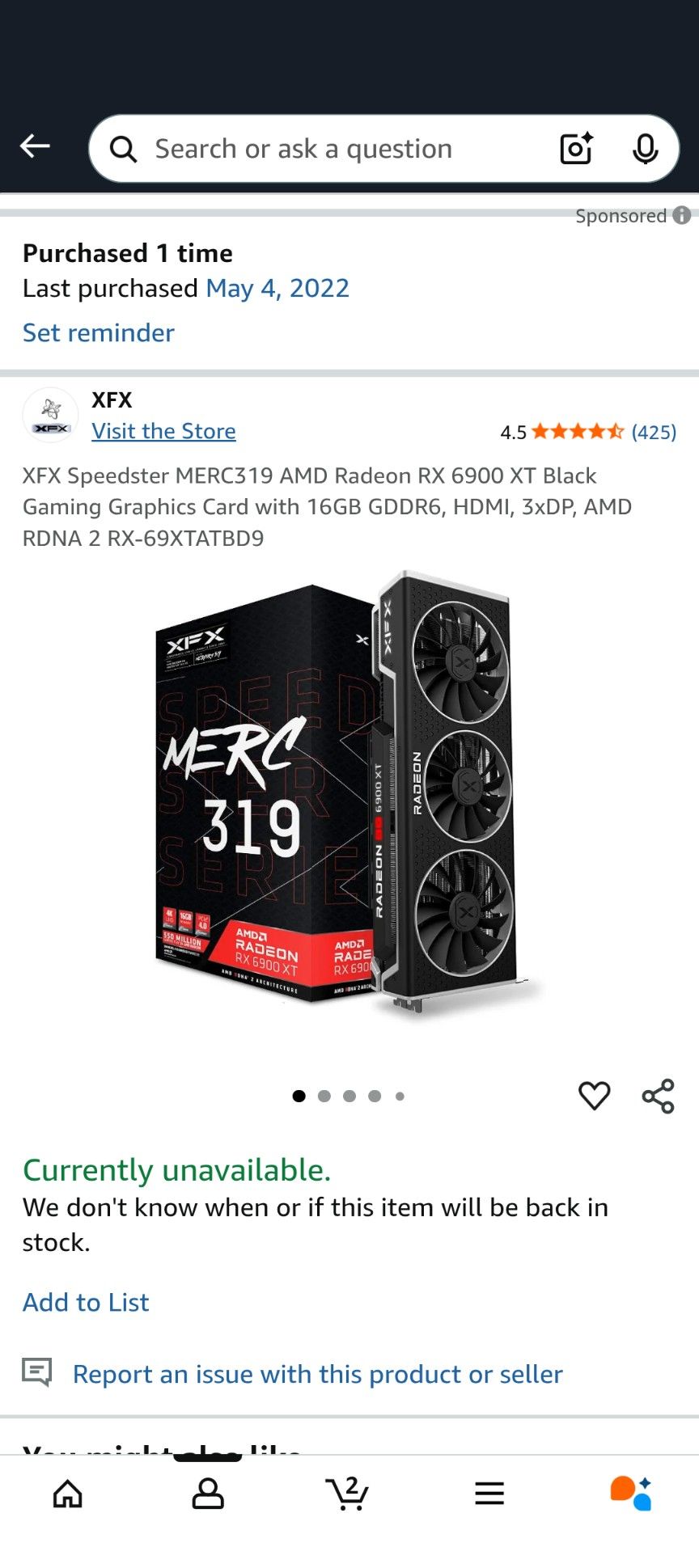 XFX Speedster MERC319 AMD Radeon RX 6900 XT Black Gaming Graphics Card with 16GB