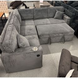 Corduroy Dark Gray convertible sleeper sofa pullout couch with 2 cup holders