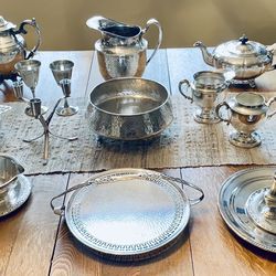 Vintage Silver Plate Tea Pots, Candlesticks, Serving Pieces For Weddings, Special Occasions 