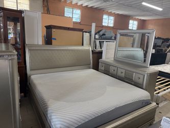 Silver Sleigh Bed Frame with Dresser and Mirror