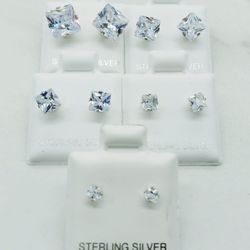 Princess Cut Earrings Sterling Silver Cubic Zirconia CZ Earrings 