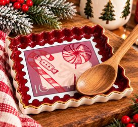 BKLYN Steel Co Christmas Candy Stamp Ceramic Spoon Rest Red Gold Holiday Kitchen