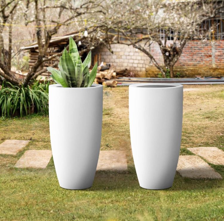 23.6" H Pure White Concrete Tall Planters (Set of 2), Large Outdoor Indoor Decorative Plant Pots with Drainage Hole and Rubber Plug, Modern Style for 